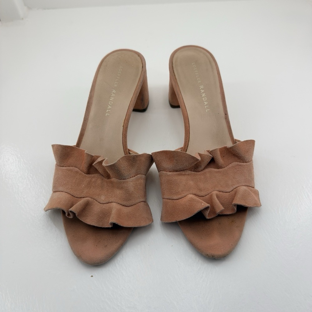 Loeffler Randall Vera Ruffle Block Heel Slide Sandals Suede Melon Women's US 7 B